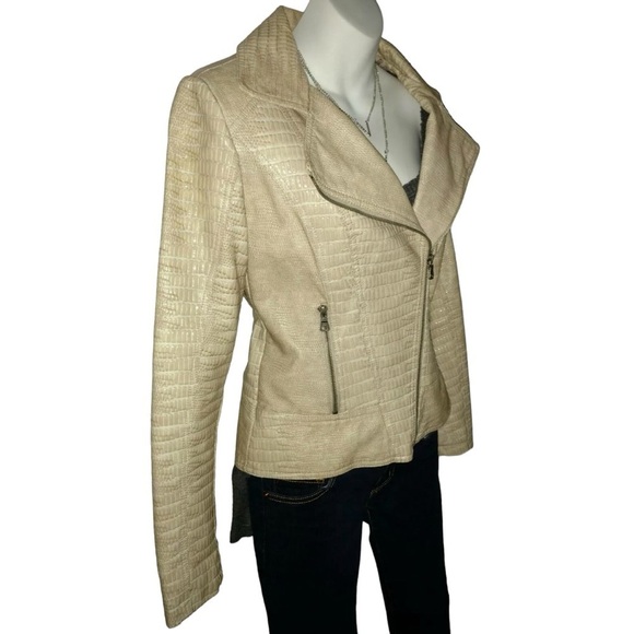 Guess Jacket Motorcycle Moto Embossed Animal Print Faux Leather Tan alt Grunge S - Picture 3 of 13